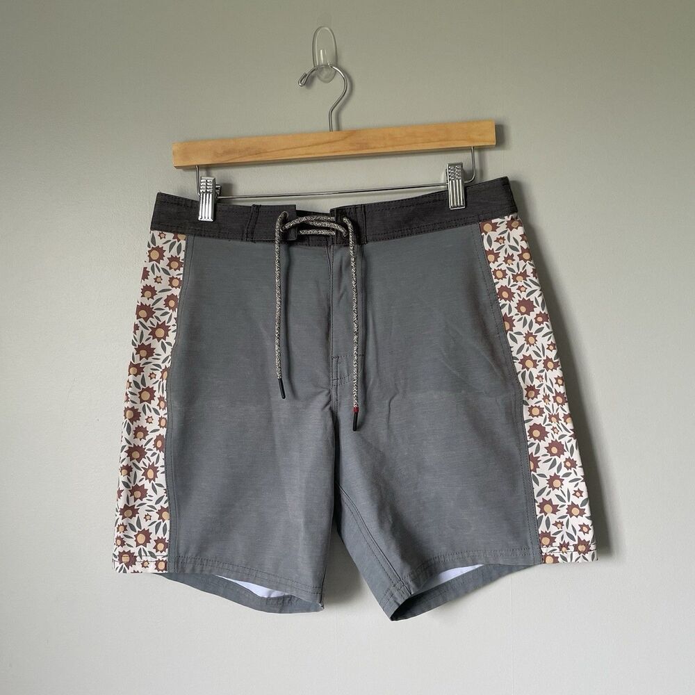 Katin Swim Trunks Board Shorts Floral Print Gray Drawstring Men's Size 31